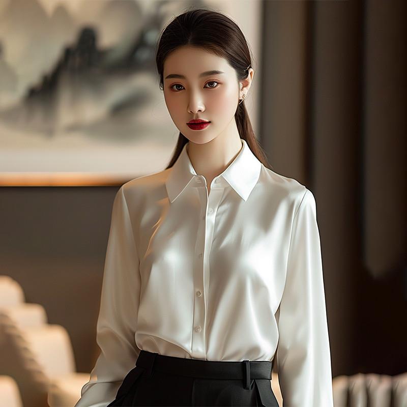 丝绸职业衬衫女2024春秋新款白色小个子上衣高端气质修身缎面衬衣