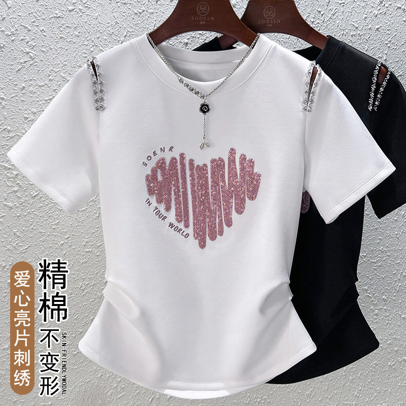 2025夏季新款短袖t恤 女显瘦重工钉珠露肩刺绣亮片褶皱圆领上衣潮