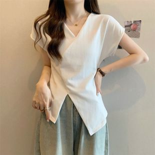 微胖mm遮肉显瘦V领小众别致上衣 大码 不规则开叉短袖 t恤女夏季 新款
