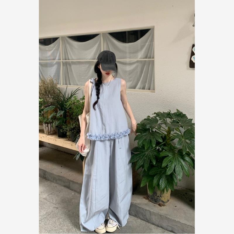 爆款设计感休闲套装女夏季2025新款无袖背心上衣阔腿裤子两件套潮