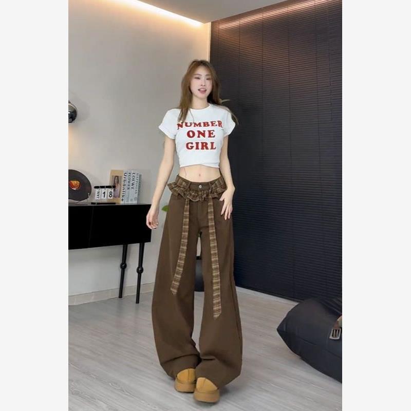 高个子加长美式拼接设计感高腰牛仔裤女春夏宽松阔腿裤拖地长裤子