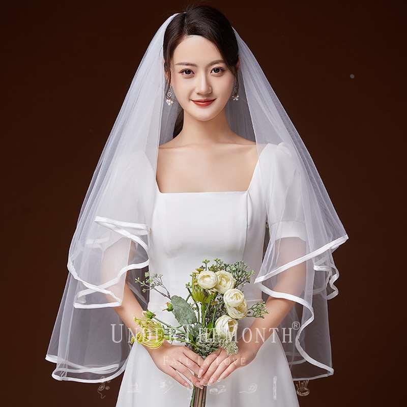 头纱新娘头饰超仙结婚拍照道具短款森系婚纱头纱领证白色头纱简约