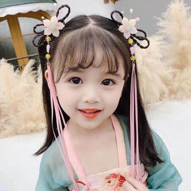 汉服头饰儿童发冠蝴蝶结小辫子头花假发发饰中国风长飘带古风辫子
