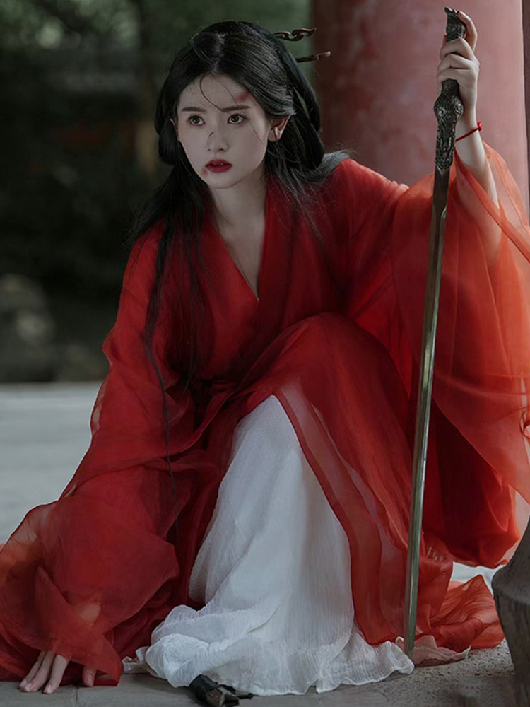 红色古风嫁衣汉服魏晋武侠女风古装中国风仙气舞蹈演出服套装cos