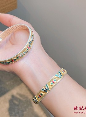 蝴蝶描金心经纯银手镯女时尚轻奢