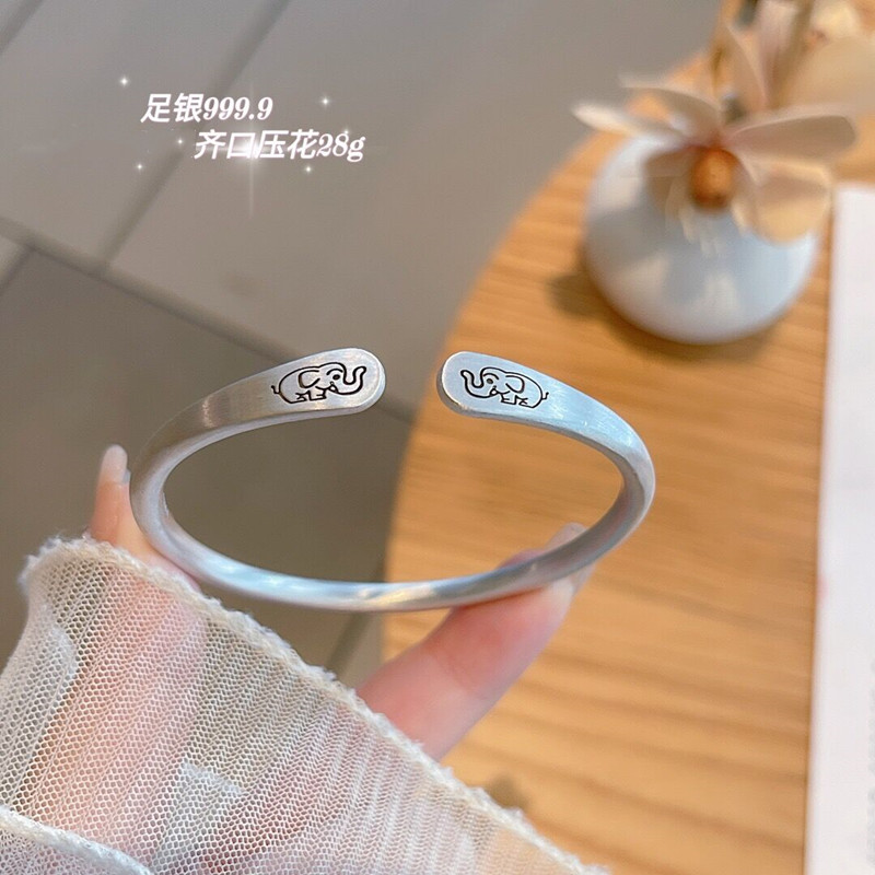 个性复古大象开口9999纯银女手镯