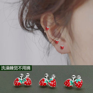 玫妃可爱草莓螺丝纯银耳钉女学生养耳洞睡觉不用摘拧扣耳骨耳饰品