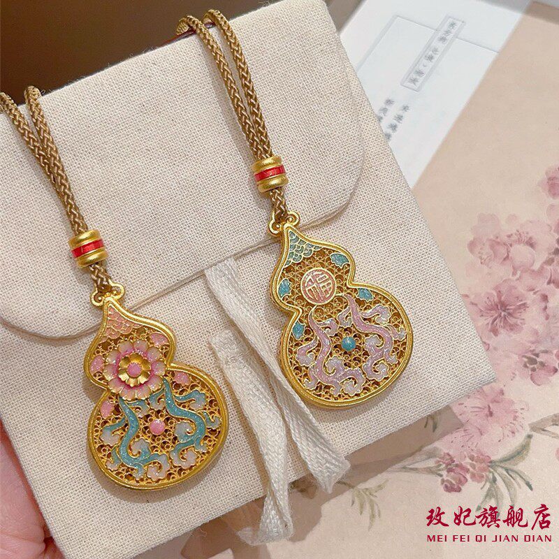 玫妃珐琅描金葫芦福字纯银项链足银999新中式毛衣链送女友礼物