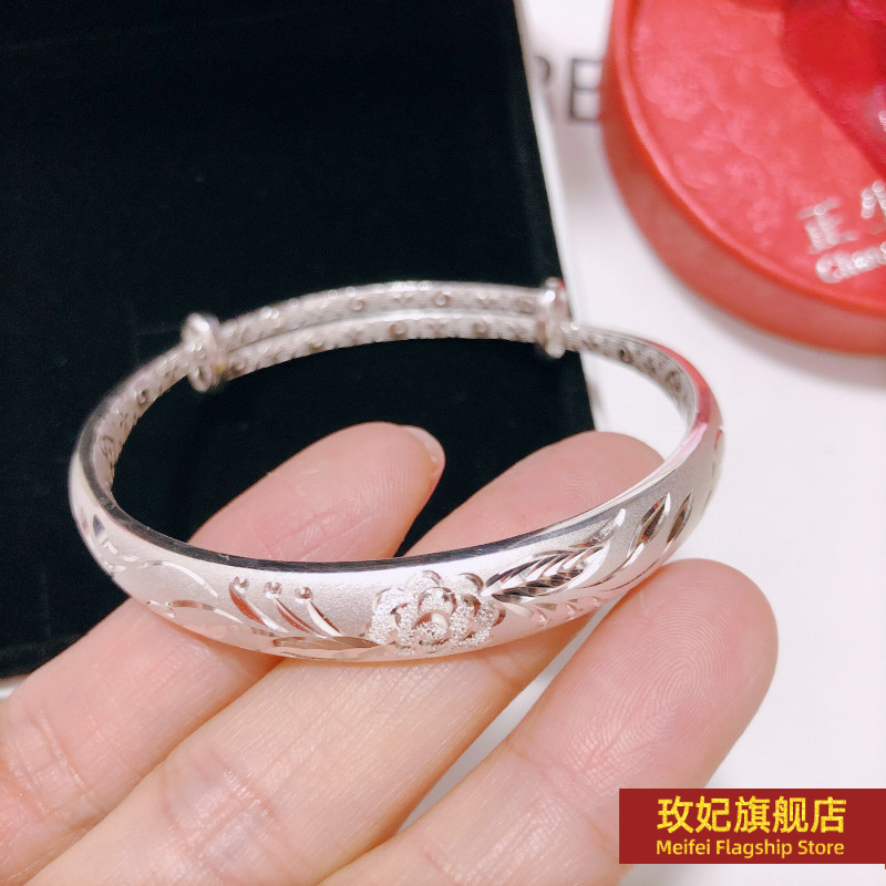 正生纯银纯银纯银花开富贵足银S999实心牡丹花手镯送妈妈母亲节礼