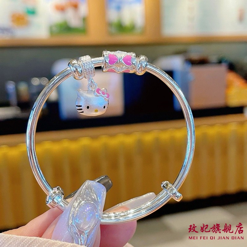 玫妃正生蝴蝶四叶草樱花铃铛kt猫纯银手镯足银9999女中大童学生款