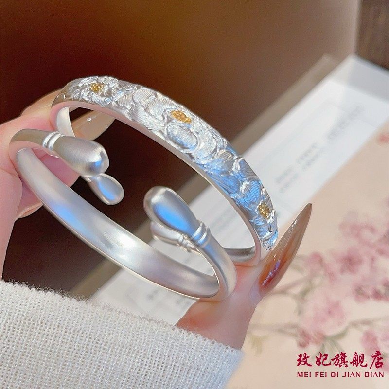 牡丹花开口纯银手镯女简约百搭