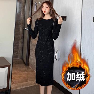 长款加绒修身显瘦后中开叉连衣裙