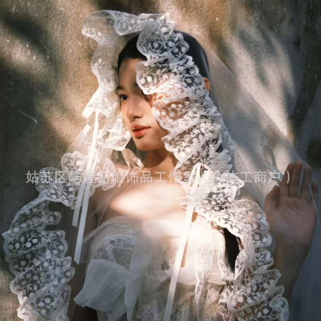 法式头纱蕾丝花边唯美超仙拍照结婚中长款婚礼新娘盖头白色主头纱