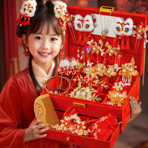 2025新年红色古风礼盒小女孩头饰儿童发饰过年女童国风发簪花汉服