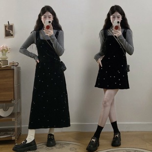微胖女生穿搭套装女春秋大码遮肉洋气吊带连衣裙打底衫上衣两件套