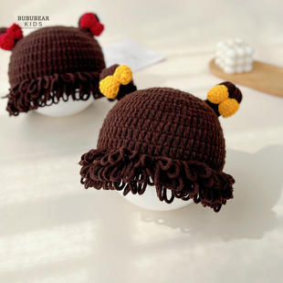 女宝宝秋冬帽子婴幼儿可爱搞怪假发套头帽婴儿冬天保暖针织毛线帽