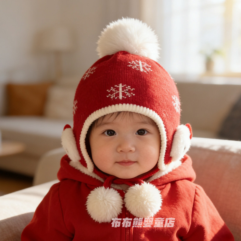 宝宝帽子秋冬季保暖针织护耳帽儿童冬天韩版毛线帽红色新年圣诞帽