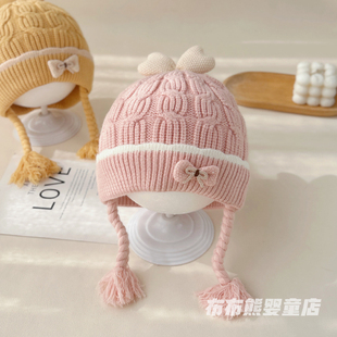 女宝宝帽子冬季公主洋气毛线帽婴儿冬天加厚保暖套头帽女童针织帽