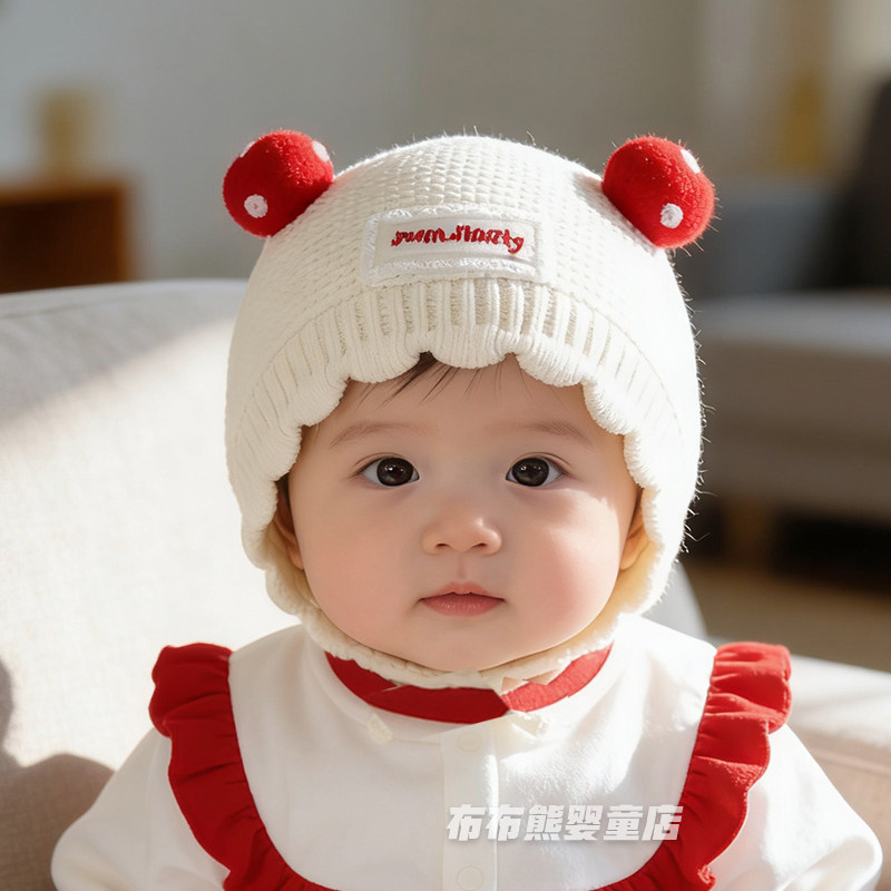 婴儿帽子冬季可爱护耳帽宝宝秋冬保暖针织帽小月龄外出防风毛线帽