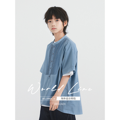 williambeta海外设计师线复古亨利领风琴褶儿童短袖衬衫