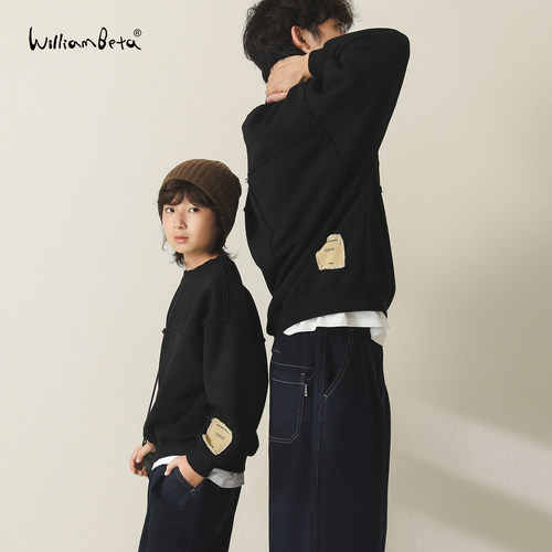 williambeta25冬新款针织摇粒绒复古波浪卷边儿童卫衣亲子
