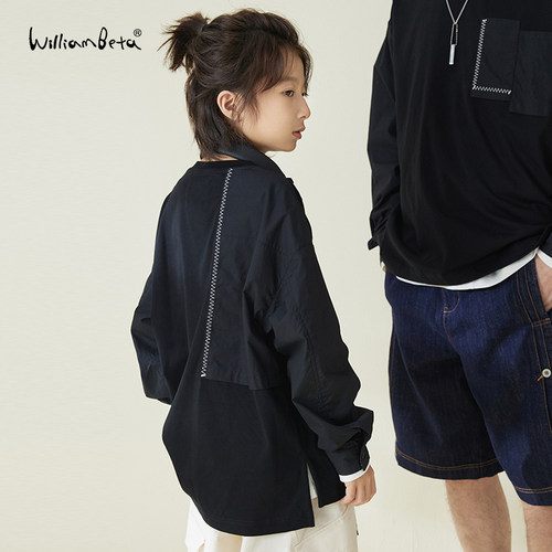 williambeta针织拼梭织宽松长袖T