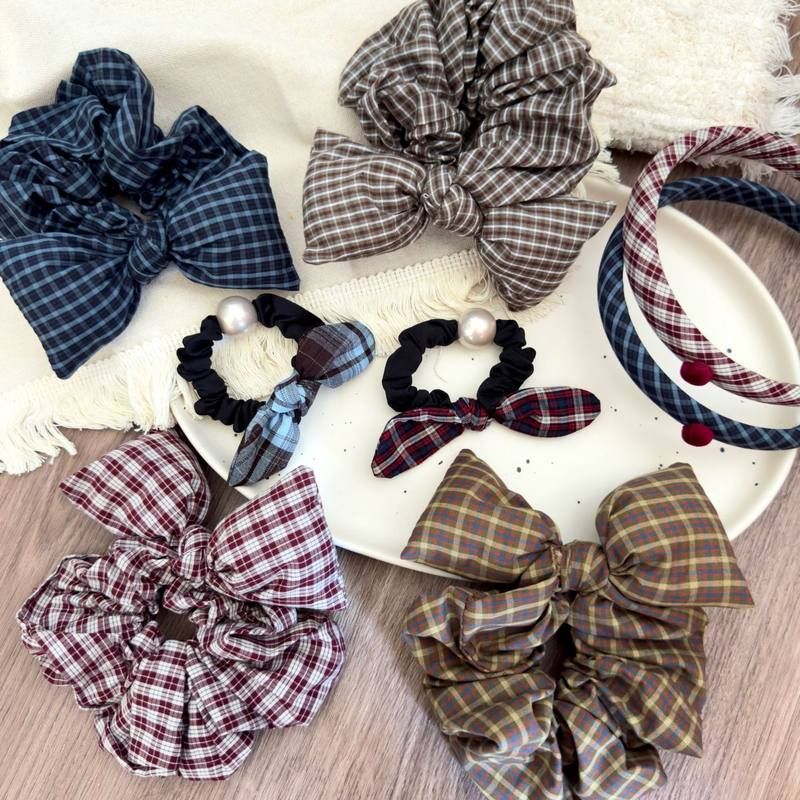 复古布艺格纹蝴蝶结儿童发圈发箍