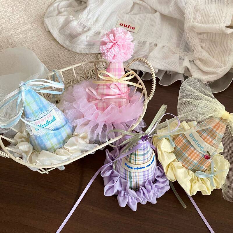 2026新款甜美格纹网纱蝴蝶结球球生日帽发夹飘带顶夹派对发饰发卡