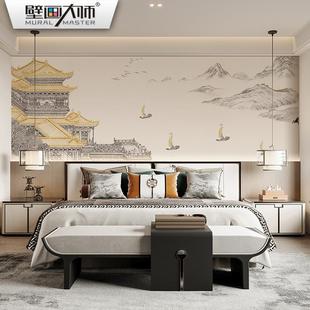 山水壁布线描建筑墙布客厅背景墙壁纸卧室楼阁宫殿壁画 轻奢新中式