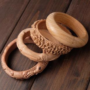 桃木手镯花开富贵节节高年年有余双鱼原木整料雕刻无拼接无喷漆