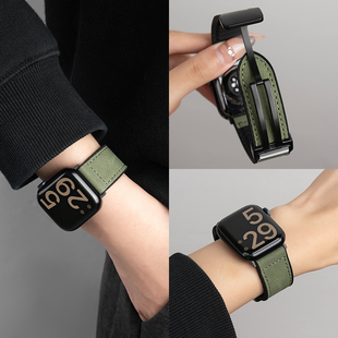 适用iWatch11苹果手表S10表带applewatch8新款3疯马纹高级真皮S11春夏S9磁吸闪扣金属S6运动7SE女6男Ultra2