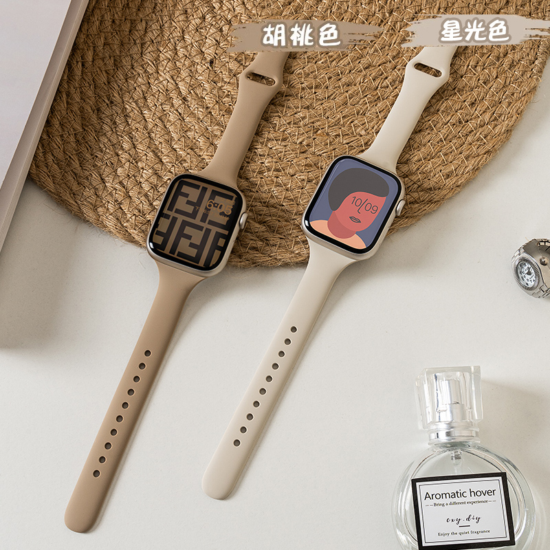 适用applewatch8表带iwatch9苹果S9手表S8硅胶S7新款7运动SE女S6秋冬6代可爱小蛮腰细高级iphone创意watchs