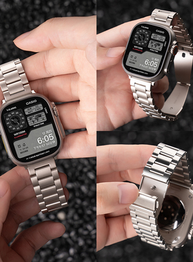 匠戴适用苹果S10手表S11表带iwatchs9手表带AppleWatch8质感三珠金属钢带S7/6/5新款男款运动创意3高级感春夏