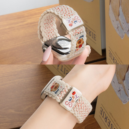 匠戴适用苹果S10手表iwatch11表带applewatch9可爱苹果小熊编织10尼龙新款腕带S8女生夏天S7创意S6智能SE磁吸