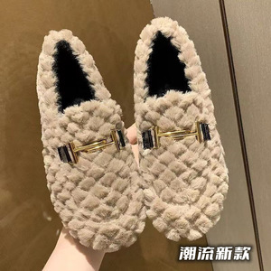 一字扣豆豆鞋女冬季加绒毛毛鞋新款洋气百搭冬外穿网红一脚蹬女鞋