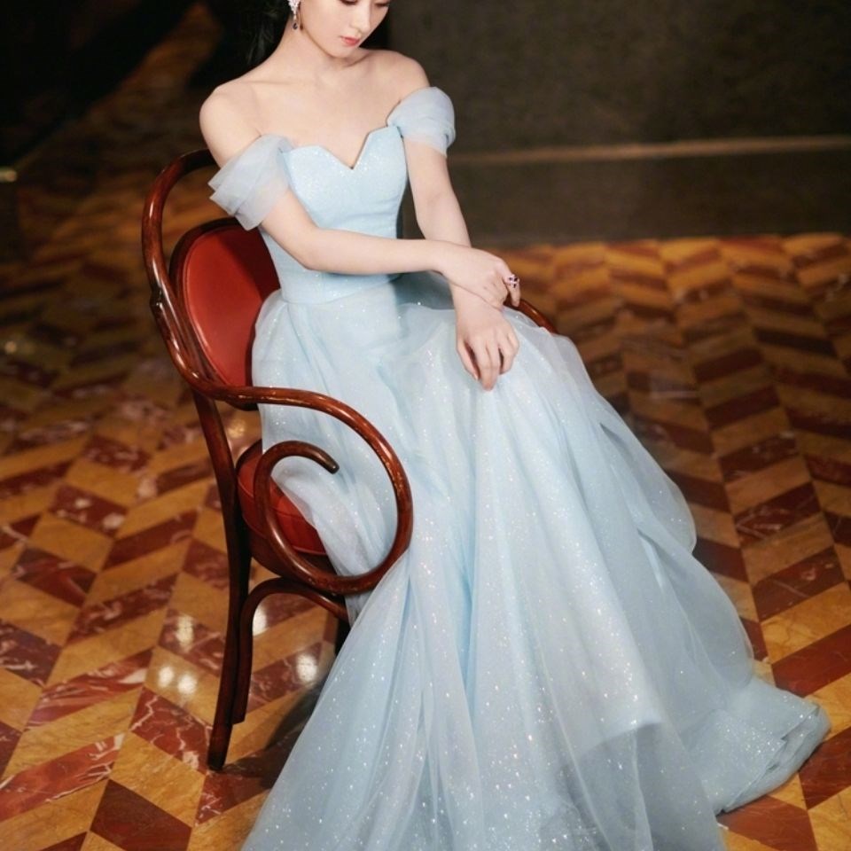 赵丽颖礼服蓝色水晶网纱长裙宴会仙气简约气质女装晚礼服小拖尾