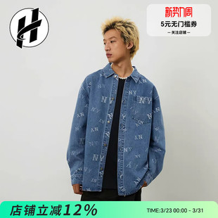 衬衫 外套休闲百搭长袖 牛仔衬衫 MLB男女情侣满印老花复古时尚