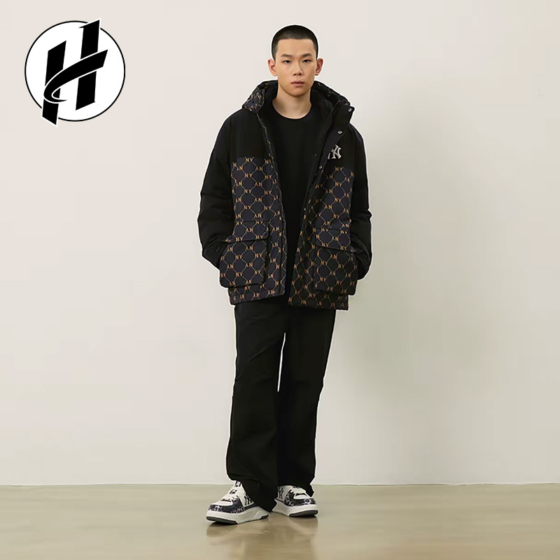 MLB 正品老花连帽夹克冲锋羽绒服男拼色百搭户外女宽松外套