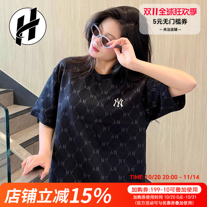 MLB老花系列25SS满印钻石老花休闲运动字母印花圆领时尚短袖T恤