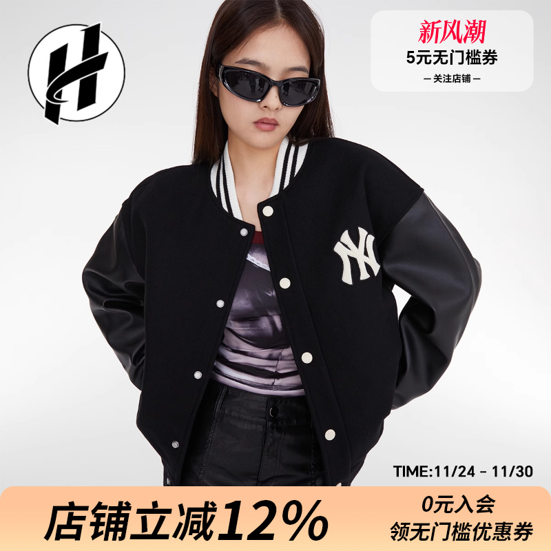 清仓 MLB纽约洋基队拼色字母印花单排扣棒球服男女外套