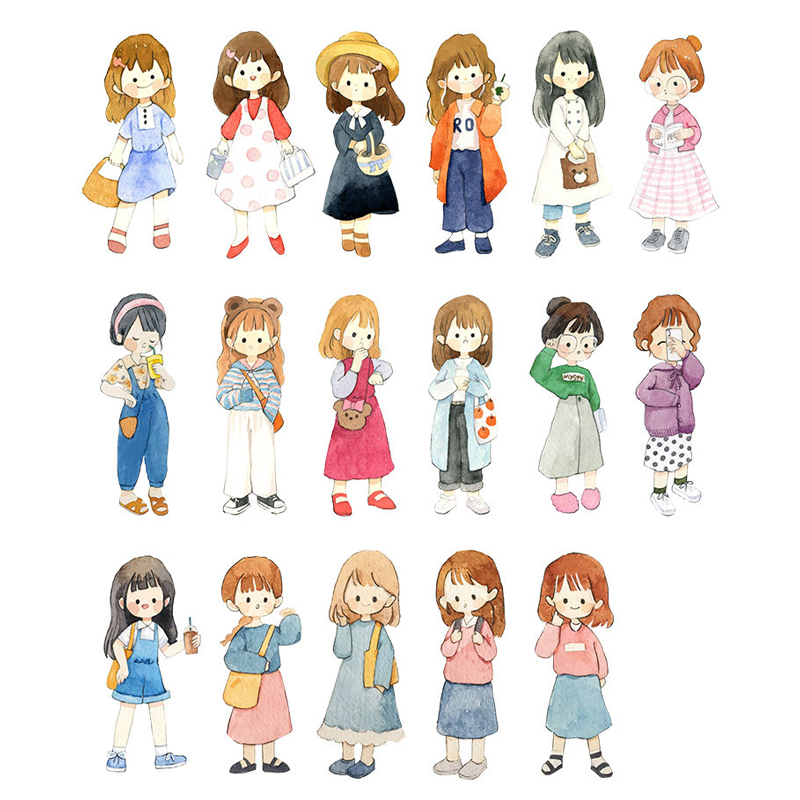 女孩换装贴纸包可爱少女手帐日记人物素材手账本小贴画套装款51张