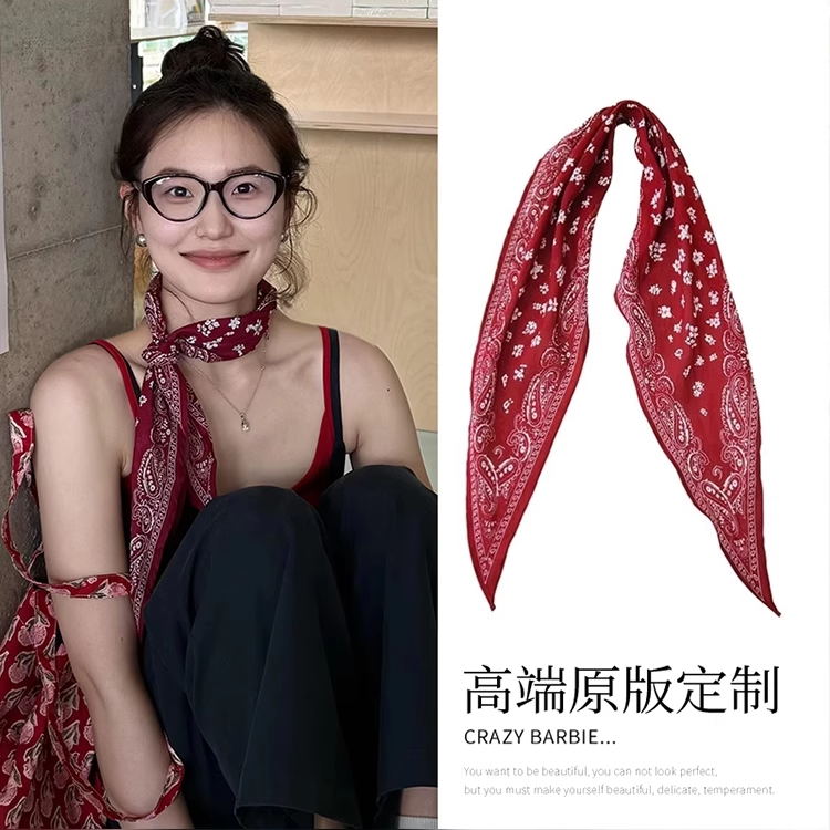新款美式复古腰果花纹三角巾丝巾女时尚叠穿腰带配饰编发发带发饰 - 实物图