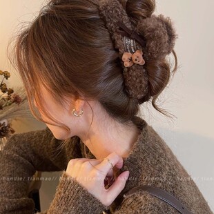 韩系毛绒小熊蝴蝶结抓夹女后脑勺盘发夹2025新款大号鲨鱼夹发饰