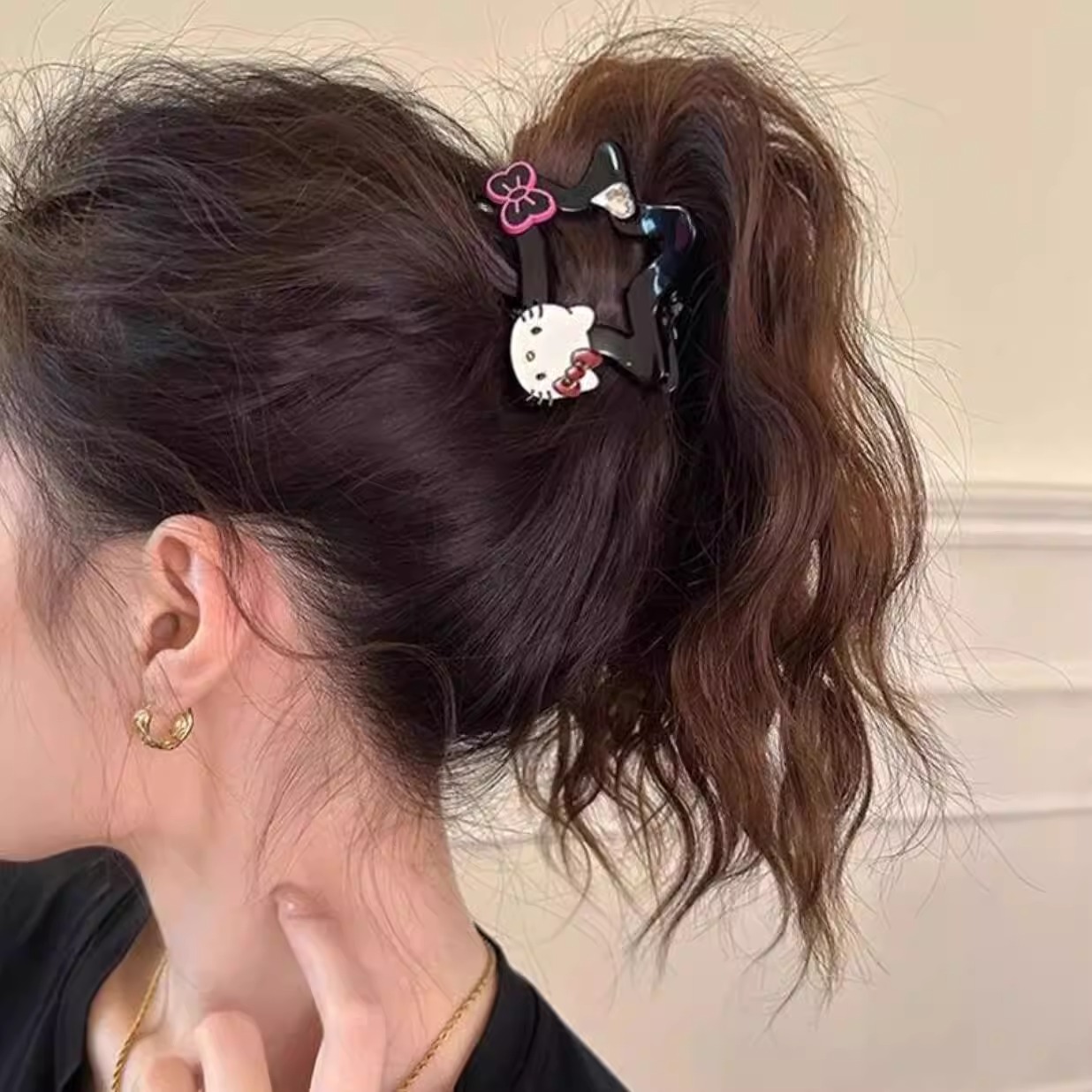 甜美卡通kitty发夹抓夹女后脑勺盘发夹半扎发鲨鱼夹子发量少发饰