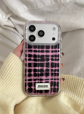 英文黑粉格纹适用于苹果IPHONE17PROMAX手机壳16pm新款15超火14不会撞壳可爱防摔硅胶超好看巨漂亮外壳