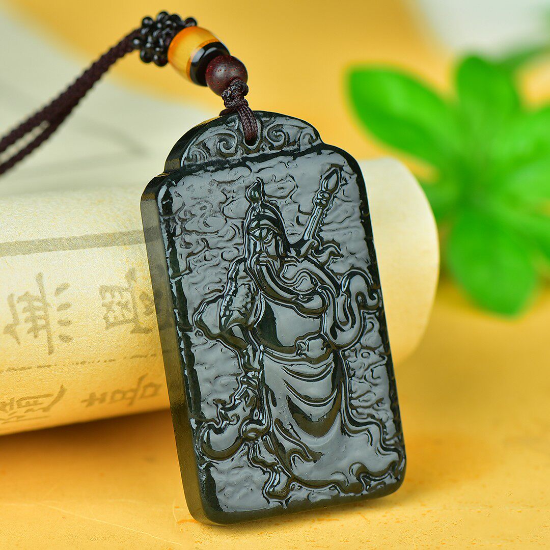 天然新疆和田玉关公吊坠男款黑青玉武财神玉挂件玉石项链玉佩证书