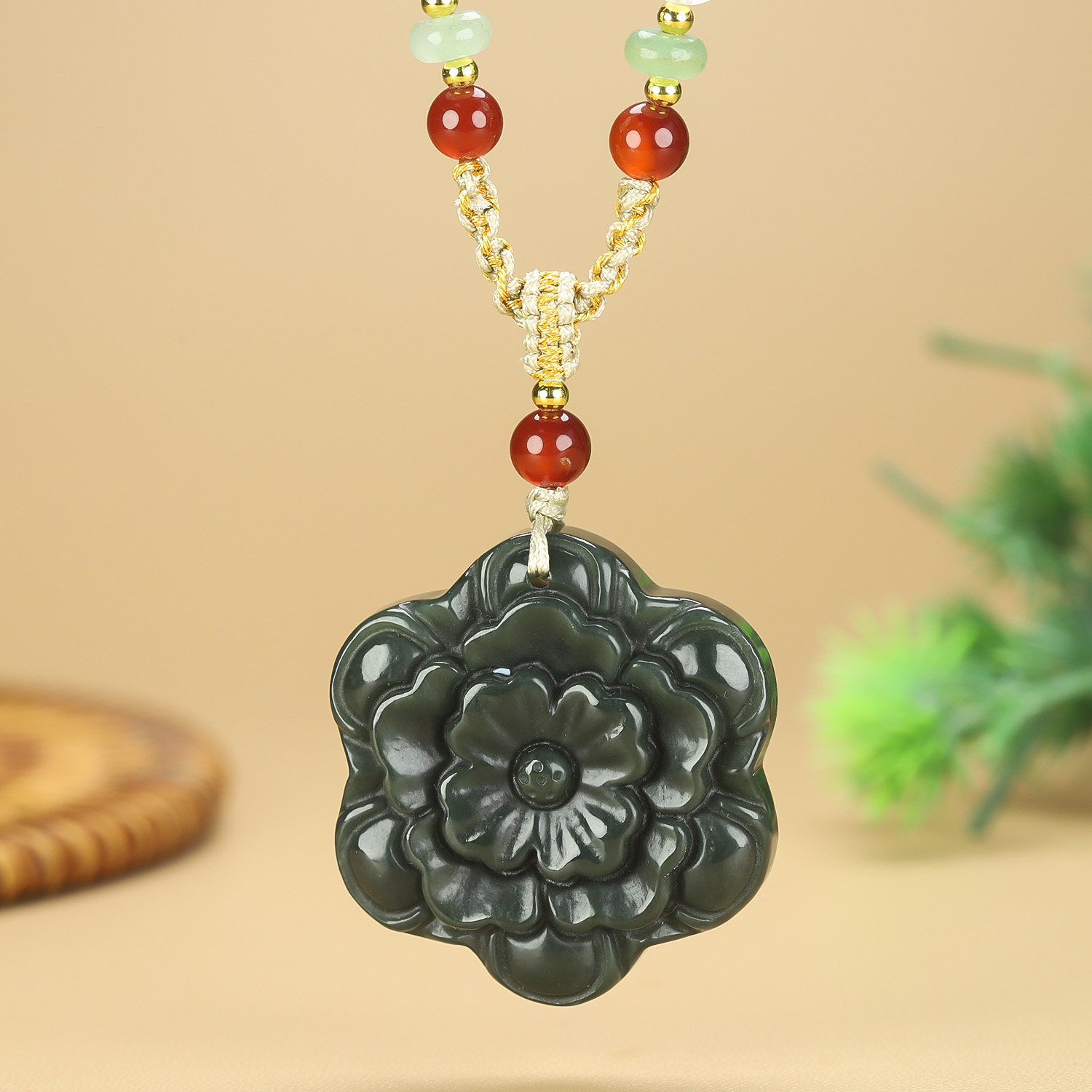 保真和田玉花开富贵玉吊坠天然新疆墨绿青玉吉祥项链挂件毛衣链坠