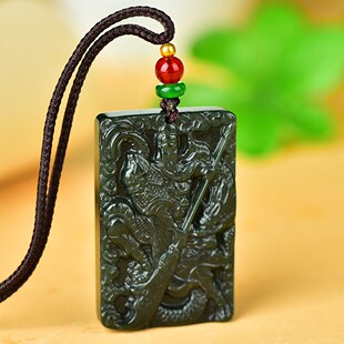 精雕新疆和田玉青玉关公吊坠男士项链玉牌关二爷牌子男款霸气挂件