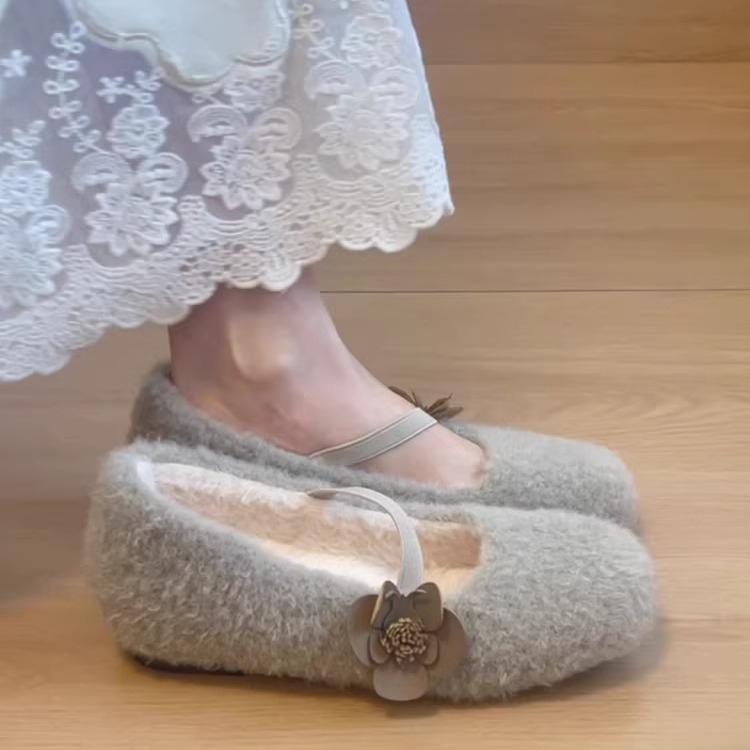 内增高5cm单鞋花朵芭蕾玛丽珍毛毛鞋女外穿秋冬配裙子加绒豆豆鞋