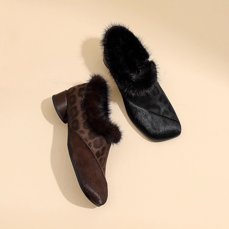 复古秋冬新款粗跟兔毛毛鞋豹纹马毛拼接小皮鞋加绒保暖深口单鞋女